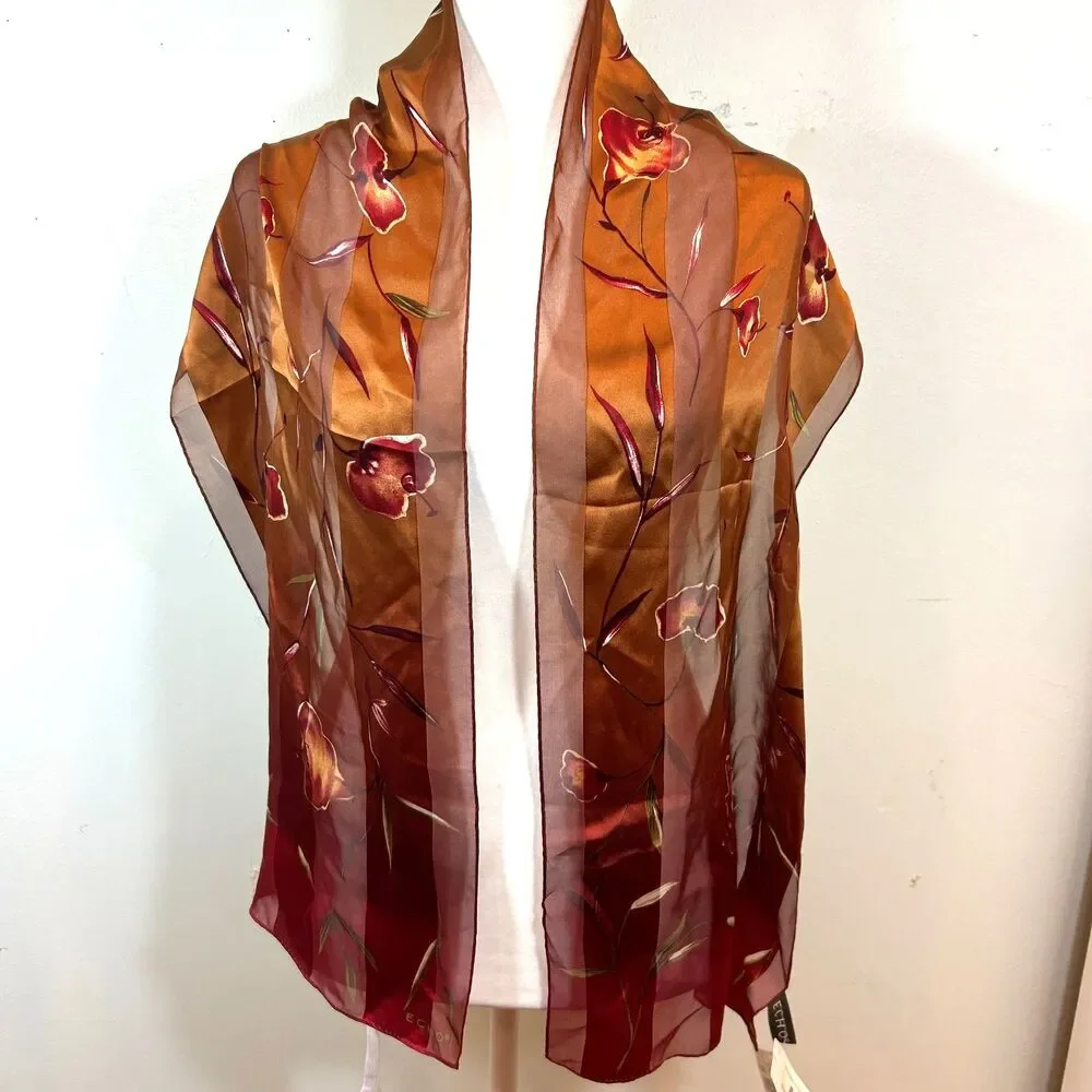 Echo 100% Silk Gold Red Ambre Floral Stripe Semi-Sheer Scarf 59x11 Artsy Preppy